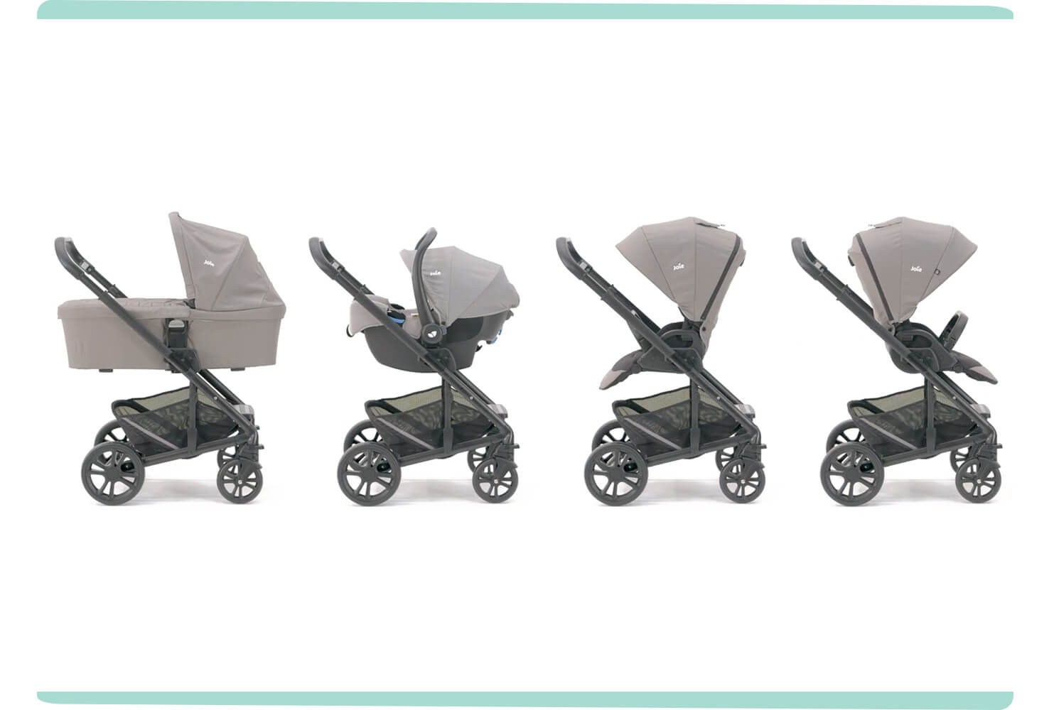 The four modes of the Chrome pram shown in light gray. From left to right: carry cot, infant carrier, parent facing pushchair seat, world facing pushchair seat