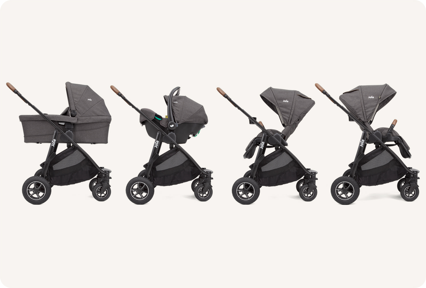 4 gray Joie Versatrax prams in profile. Showing the 4 modes from left to right: carry cot, infant car seat, parent facing pushchair, and world facing pushchair.