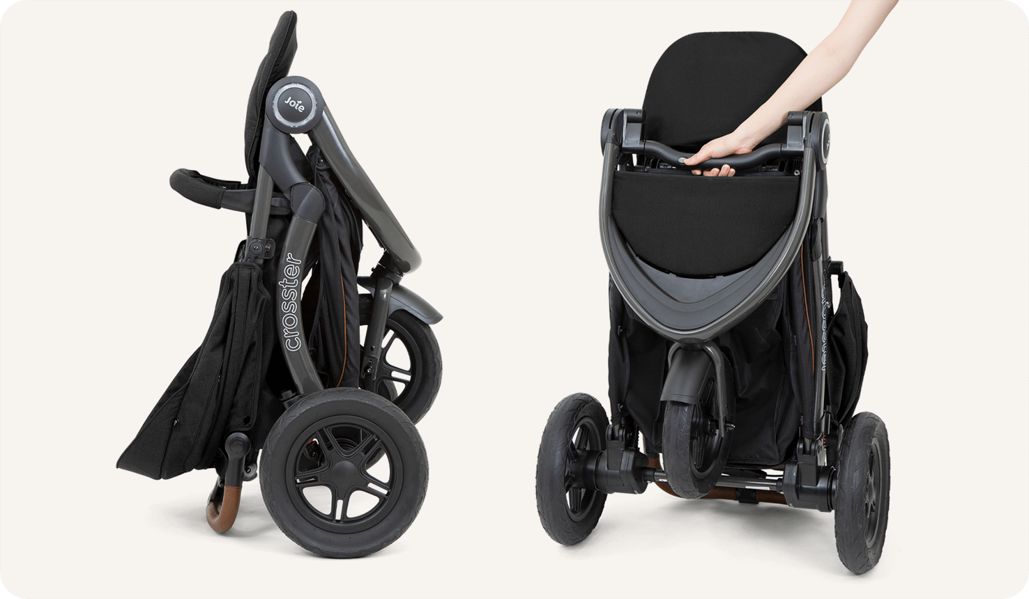 Two images of the Joie Crosster in black side by side. The left is fully folded and in profile facing left. The right is at an angle to the left with a hand pressing the one-touch fold button.