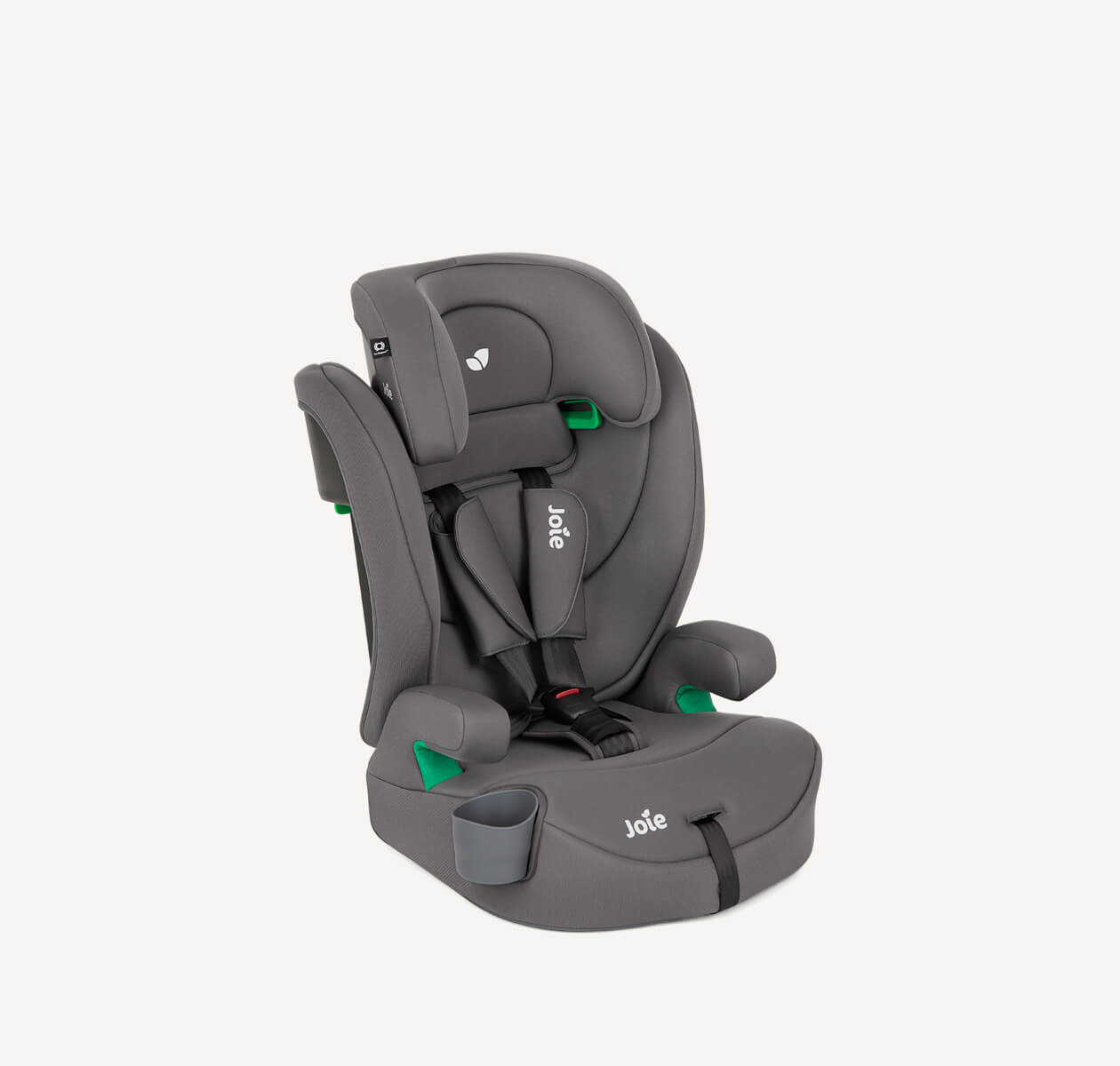 Silla de coche elevadora Joie elevate R129 gris con arnés en ángulo. 