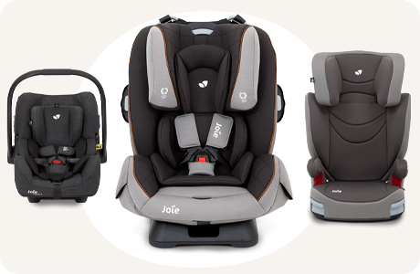 Joie car seat from a side view on a car seat base with a ruler icon to show a good fit on the seat.