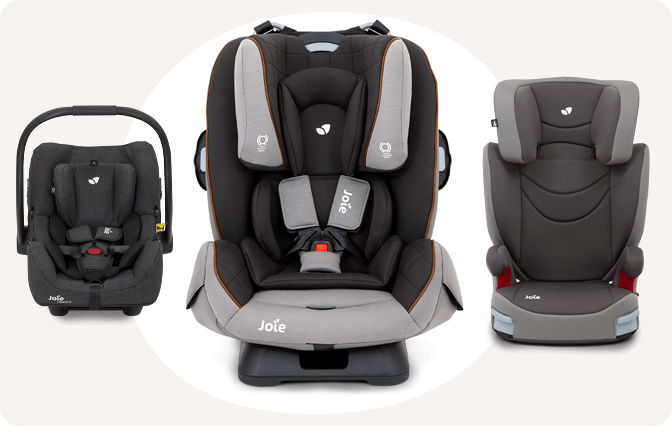 Joie car seat from a side view on a car seat base with a ruler icon to show a good fit on the seat.