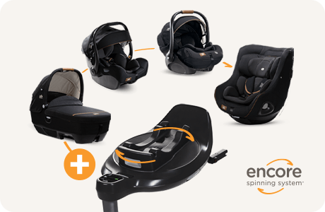 The 5 products that make up the Joie Encore spinning system of car seats shown in a circle.