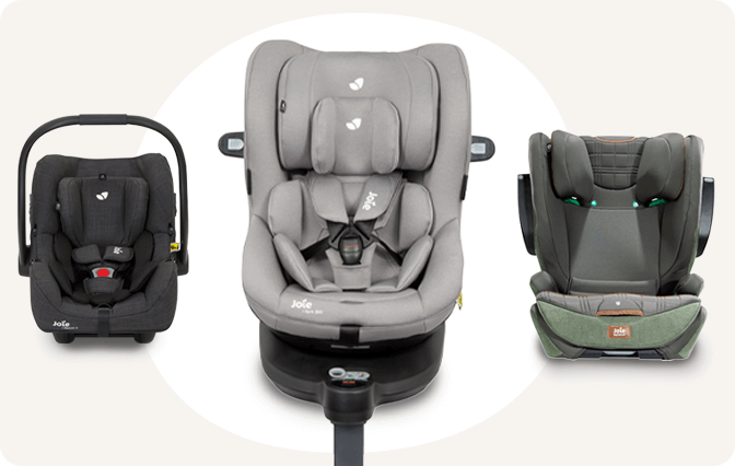 Joie car seat from a side view on a car seat base with a ruler icon to show a good fit on the seat.